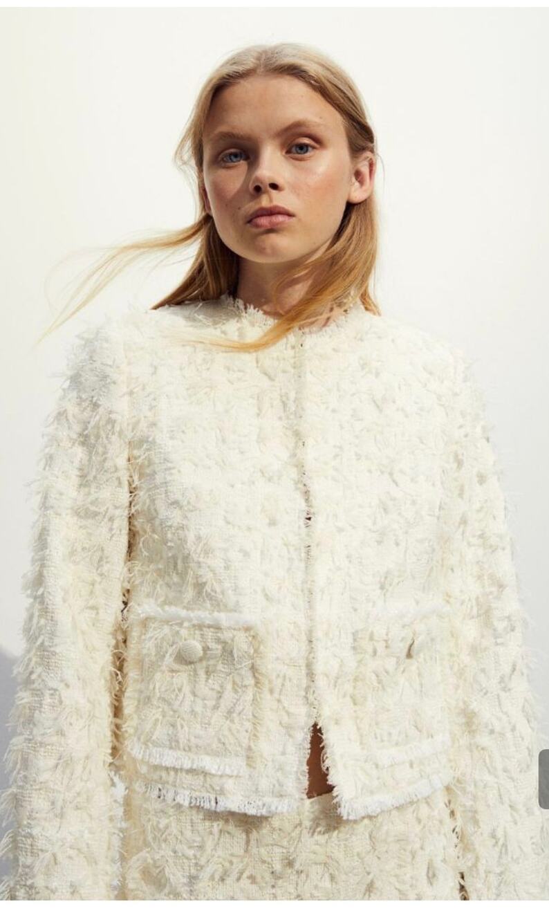 H&M Textured Tweed Boucle Fringe Cropped Jacket & Skirt Set Jkt Size L Skirt 12
